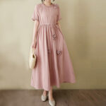 Buddha Stones Three-Dimensional Flower Design Ruffled Neck Cotton Linen Maxi Dress With Pockets - image 6