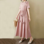 Buddha Stones Three-Dimensional Flower Design Ruffled Neck Cotton Linen Maxi Dress With Pockets - image 4