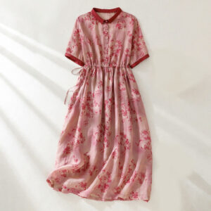 Buddha Stones Retro Printing Buttons Design Drawstring High Waist Cotton Midi Dress With Pockets - Salmon - US8-10，UK/AU12-14，EU40-42 (2XL) - image 1