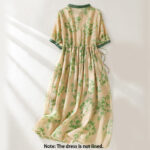 Buddha Stones Retro Printing Buttons Design Drawstring High Waist Cotton Midi Dress With Pockets - image 9