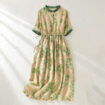 Buddha Stones Retro Printing Buttons Design Drawstring High Waist Cotton Midi Dress With Pockets - LightGoldenrodYellow - US8-10，UK/AU12-14，EU40-42 (2XL) - image 8