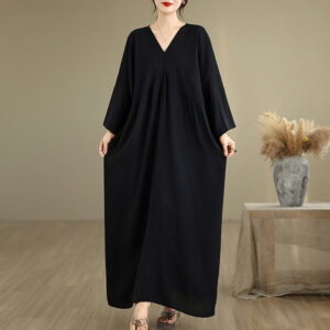 Buddha Stones Fall Casual V-Neck Long Sleeve Cotton Maxi Dress - Black - US4-12，UK/AU8-18，EU36-46(F) - image 1