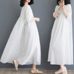 Buddha Stones Casual Solid Color Pleated Design Crew Neck Half Puff Sleeve Cotton Maxi Dress - White - US14，UK/AU18，EU46 (2XL) - image 7