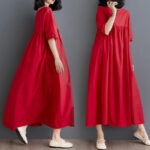 Buddha Stones Casual Solid Color Pleated Design Crew Neck Half Puff Sleeve Cotton Maxi Dress - Red - US14，UK/AU18，EU46 (2XL) - image 21