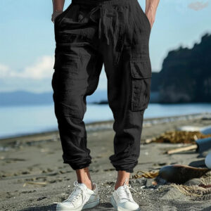 Buddha Stones Solid Color Linen Drawstring Men's Cargo Pants With Pockets - Black - US/UK/AU46，EU56 (3XL) - image 1