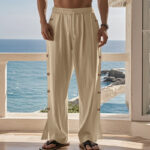 Buddha Stones Solid Color Side Buttons Men's Cotton Pants With Pockets - image 3