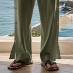 Buddha Stones Solid Color Side Buttons Men's Cotton Pants With Pockets - image 31