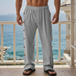 Buddha Stones Solid Color Side Buttons Men's Cotton Pants With Pockets - image 39