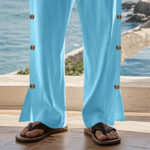 Buddha Stones Solid Color Side Buttons Men's Cotton Pants With Pockets - image 53