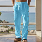 Buddha Stones Solid Color Side Buttons Men's Cotton Pants With Pockets - image 47