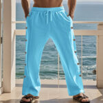 Buddha Stones Solid Color Side Buttons Men's Cotton Pants With Pockets - image 50