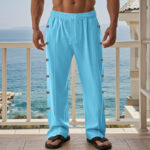 Buddha Stones Solid Color Side Buttons Men's Cotton Pants With Pockets - image 48