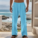 Buddha Stones Solid Color Side Buttons Men's Cotton Pants With Pockets - image 49