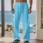 Buddha Stones Solid Color Side Buttons Men's Cotton Pants With Pockets - image 46