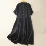 Buddha Stones Commute Pure Color Buttons Design Cotton Linen Midi Dress With Pockets - Black - US8-10，UK/AU12-14，EU40-42 (2XL) - image 9