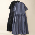 Buddha Stones Commute Pure Color Buttons Design Cotton Linen Midi Dress With Pockets - image 15