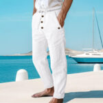 Buddha Stones Solid Color Buttons Drawstring Men's Cotton Pants With Pockets - image 9