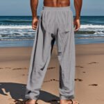 Buddha Stones Solid Color Buttons Drawstring Men's Cotton Pants With Pockets - image 23