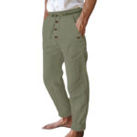 Buddha Stones Solid Color Buttons Drawstring Men's Cotton Pants With Pockets - image 30