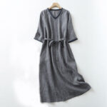 Buddha Stones Commute MidnightBlue Plaid Lace-Up Design Cotton Linen Midi Dress With Pockets - MidnightBlue - US8-10，UK/AU12-14，EU40-42 (2XL) - image 1