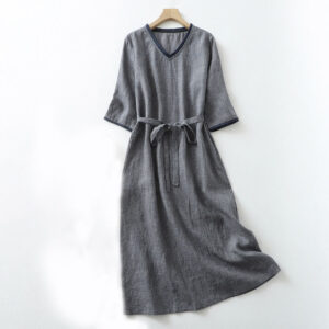 Buddha Stones Commute MidnightBlue Plaid Lace-Up Design Cotton Linen Midi Dress With Pockets - MidnightBlue - US8-10，UK/AU12-14，EU40-42 (2XL) - image 1