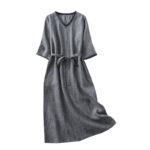 Buddha Stones Commute MidnightBlue Plaid Lace-Up Design Cotton Linen Midi Dress With Pockets - image 13