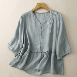 Buddha Stones Embroiderd Front Button Design Women's Cotton Three Quarter Sleeve Shirt