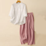 Buddha Stones 2pcs Women's Three-quarter Sleeve Shirt Harem Pants Meditation Clothing Set - Off-White Top + Pink Pants - US12，UK/AU16，EU44 (2XL) - image 26