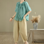 Buddha Stones 2pcs Casual Women's Short Sleeve Shirt Harem Pants Meditation Clothing Set - image 4