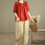 Buddha Stones 2pcs Casual Women's Short Sleeve Shirt Harem Pants Meditation Clothing Set - image 12