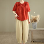 Buddha Stones 2pcs Casual Women's Short Sleeve Shirt Harem Pants Meditation Clothing Set - Red - US12，UK/AU16，EU44 (2XL) - image 8