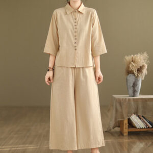 Buddha Stones 2pcs Casual Women's Stand Collar Shirt Loose Pants Meditation Clothing Set - Wheat - US12，UK/AU16，EU44 (2XL) - image 1