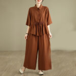 Buddha Stones 2pcs Casual Women's Stand Collar Shirt Loose Pants Meditation Clothing Set - Sienna - US12，UK/AU16，EU44 (2XL) - image 1