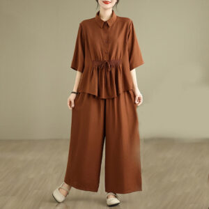 Buddha Stones 2pcs Casual Women's Stand Collar Shirt Loose Pants Meditation Clothing Set - Sienna - US12，UK/AU16，EU44 (2XL) - image 1