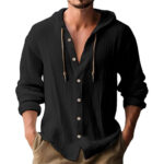 Buddha Stones Solid Color Long Sleeve Hooded Drawstring Buttons Linen Men's Shirt - Black - US/UK/AU44，EU54 (3XL) - image 1