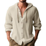 Buddha Stones Solid Color Long Sleeve Hooded Drawstring Buttons Linen Men's Shirt - Beige - US/UK/AU44，EU54 (3XL) - image 25