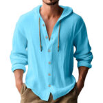 Buddha Stones Solid Color Long Sleeve Hooded Drawstring Buttons Linen Men's Shirt - LightSkyBlue - US/UK/AU44，EU54 (3XL) - image 18