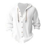Buddha Stones Solid Color Long Sleeve Hooded Drawstring Buttons Linen Men's Shirt - image 5