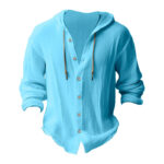 Buddha Stones Solid Color Long Sleeve Hooded Drawstring Buttons Linen Men's Shirt - image 20
