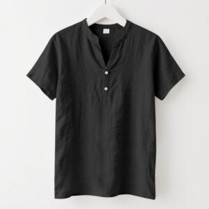 Buddha Stones Solid Summer Short Sleeve Half Buttons Linen Men's Shirt - Black - US/UK/AU46，EU56 (3XL) - image 1