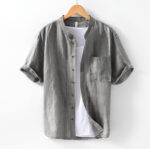 Buddha Stones Summer Buttons Short Sleeve Ramie Linen Cotton Men's Shirt - DarkGray - US/UK/AU42，EU52 (3XL) - image 1