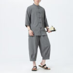 Buddha Stones 2Pcs Solid Frog-Button Three Quarter Sleeve Shirt Pants Men's Set - DimGray - US/UK/AU46，EU56 (5XL) - image 1