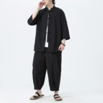 Buddha Stones 2Pcs Solid Frog-Button Three Quarter Sleeve Shirt Pants Men's Set - Black - US/UK/AU46，EU56 (5XL) - image 20