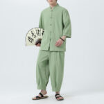 Buddha Stones 2Pcs Solid Frog-Button Three Quarter Sleeve Shirt Pants Men's Set - DarkSeaGreen - US/UK/AU46，EU56 (5XL) - image 36