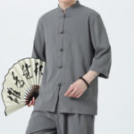 Buddha Stones 2Pcs Solid Frog-Button Three Quarter Sleeve Shirt Pants Men's Set - image 7