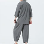 Buddha Stones 2Pcs Solid Frog-Button Three Quarter Sleeve Shirt Pants Men's Set - image 2