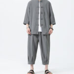 Buddha Stones 2Pcs Solid Frog-Button Three Quarter Sleeve Shirt Pants Men's Set - image 5