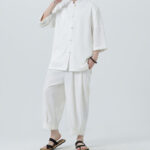 Buddha Stones 2Pcs Solid Frog-Button Three Quarter Sleeve Shirt Pants Men's Set - image 13