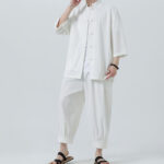 Buddha Stones 2Pcs Solid Frog-Button Three Quarter Sleeve Shirt Pants Men's Set - image 16