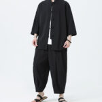Buddha Stones 2Pcs Solid Frog-Button Three Quarter Sleeve Shirt Pants Men's Set - image 22